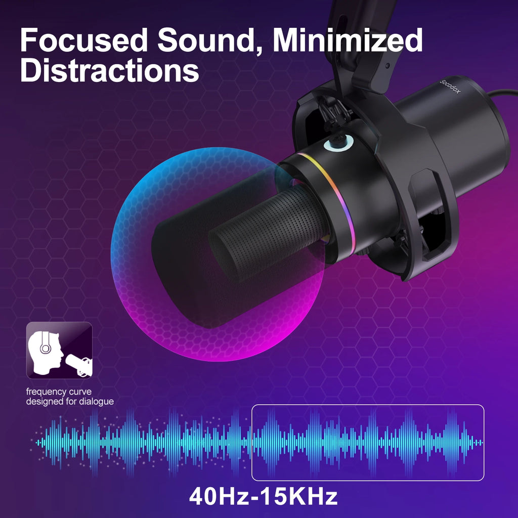 XLR/USB Dynamic Microphone Kit, PC Microphone for Streaming, Podcasting, Gaming, RGB, Mute and Noise Cancelling Function, Volume