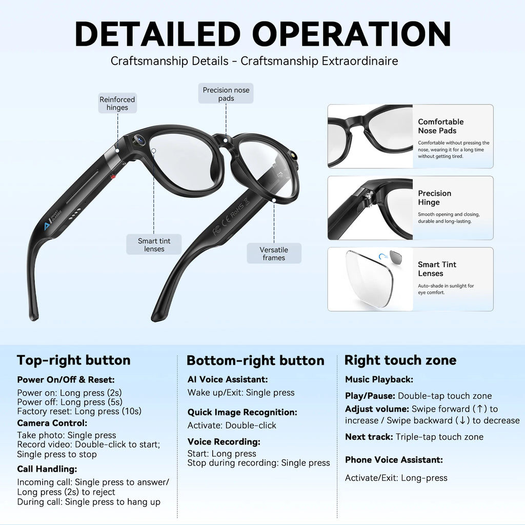 EIGIIS AI Smart Glasses Bluetooth Call With AI Voice Translate Intelligent shooting function Noise Reduction Waterproof Glasses